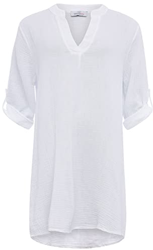 Zwillingsherz Musselin Longbluse aus 100% Baumwolle mit V-Ausschnitt–Hochwertige Tunika für Damen Mädchen-Sommerbluse Freizeitkleid Strandkleid-Locker luftig perfekt für Frühling Sommer, Weiß, 36-42