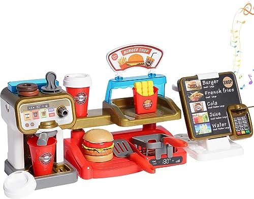 Cash Register Toy with Music Coffee and Burger Maker Pretend Role Play Shopping Till Food Toys Shop , Kids Kitchen Pretend Play Sets Toy for Boys Girls Present for Kids Girls Boys 3 +