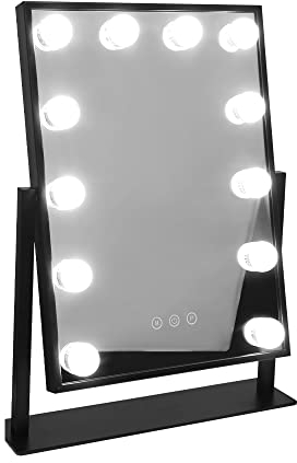 Belfoyer Hollywood -Make -up -Spiegel mit Lampen mit 3 hellfarbenem Licht. Leuchtende Make -up -Spiegel mit 3 leichten Farben und 12 leichten LED -Glühbirnen, Touchscreen 360 Grad Drehung (Schwarz)