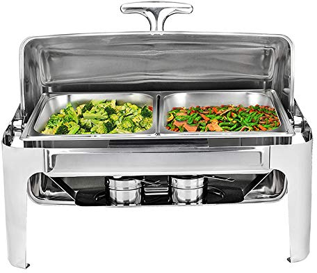 ACiyD 9L Chafing Dish Buffet Set - Stainless Steel Roll-Top Chafing Warmers with 1/2Rd Inserts, Food Pan, Water Pan and Fuel Holders, Keeps Food Warm in All Events