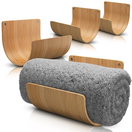 AURA NEST 4er Set Handtuchhalter für Badezimmerwand, Moderner Bambus Wandhandtuchhalter für gerollte Handtücher, Stabiler Platzsparender Hängender Holz Handtuchhalter, Effektiv und Vielseitig für Spa,