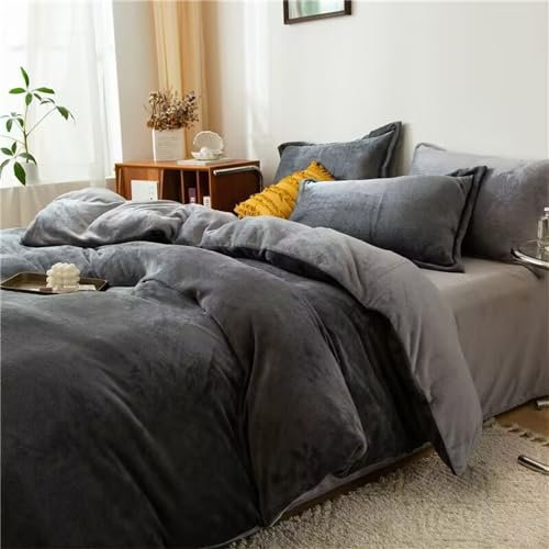 Freyamy Plüsch Bettwäsche Set 135x200 4Teilig Dunkelgrau Grau Samt Biber Cashmere Touch Winterbettwäsche Flanell Flauschige Wendebettwäsche Warme Winter Bettwäsche mit 2 Bettbezug und 2 Kissenbezug