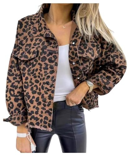 QREXVOG Women's Leopard Print Denim Jacket Button Down Casual Jean Coat Coffee XL