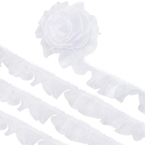 BENECREAT 10M Polyester-Plissee-Spitzenbesatz, Weißes Rüschenband Gekräuselter Plissierter Spitzenstoffbesatz Zum Nähen Und Zur Kunsthandwerksdekoration, 75~80 mm Breit