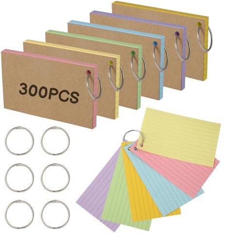Zuimei 300PCS Flash Revision Cards 12.7x7.6cm Ruled Index Cards with 6 Binder Rings, Kraft Paper Flashcards Double Sided Record Cue Card for Office School Home Learning