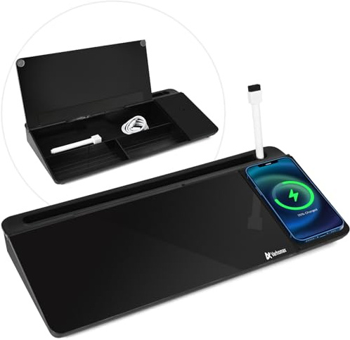 Varhomax Glas-Schreibtisch-Whiteboard mit kabellosem Ladegerät, trocken abwischbar, Whiteboard mit Aufbewahrung, To-Do-Liste, Notizblock für Zuhause und Büro, Schwarz