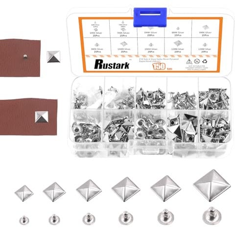 Rustark 150 Sets 6 Sizes 6mm 7mm 8mm 9mm 10mm 12mm Silver Pyramid Rivet Square Leather Rivets Kit Metal Studs Pyramid Rapid Rivet Studs Assortment Kit for DIY Leather Craft Decorations