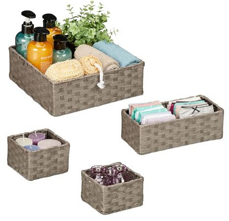 Relaxdays Aufbewahrungskorb geflochten, 4er Set, 3 Größen, Badezimmerkorb, Schrank & Regal, Papierseil, Dekokörbe, grau