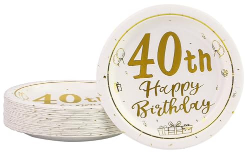 AHPYEUHK 40th Birthday Paper Plates 7 Party Dessert Plates 50 pcs White and Gold 40th Decorations Disposable Tableware Party Supplies