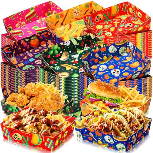 Harloon 36 Pack Mexico Party Paper Food Trays 5 lb Nacho Boats Large Fiesta Serving Trays for Day of the Dead, Halloween, Weddings, and More (Vivid)