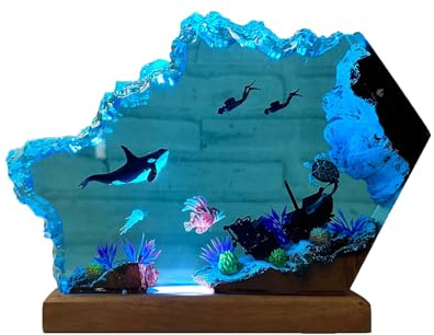 VISIOLEX Harz-Ozean-Lampe, Harz-Holz-Lampe, Tischlampe, Nachtlampe, Harz-Lampe, Ozean-Lampe, Desktop-Art-Dekoration, handgefertigte Nachttisch-Harz-Lampe, Schlafzimmer-Dekoration (8 * 5in)