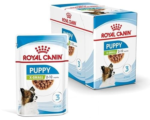 ROYAL CANIN X-Small Puppy | 12 x 85 g | Feuchtnahrung für besonders kleine Hundewelpen | Bis zum 10. Lebensmonat | Mit Häppchen in Soße | Im Pouchbeutel