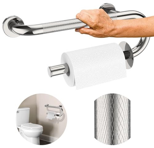 𝐔𝐩𝐠𝐫𝐚𝐝𝐞𝐝 Toilet Grab Bars 16 Inch - Toilet Paper Holder Grab Bar Stainless Steel Knurled Toilet Grab Bars for Seniors Bathtub Bathroom Rails for Elderly Safety Balance Support, Chrome