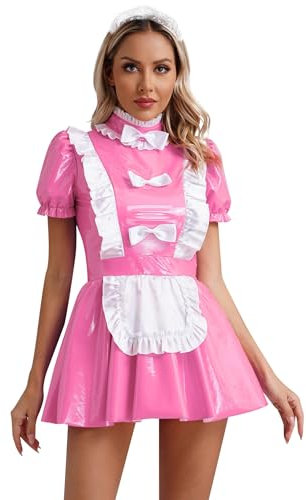 JEATHA Damen Dienstmädchen Uniform Lacklederkleid Spitzenstirnband Schleife Schürze Wetlook A-Linien Kleid Latex Minikleid Reizwäsche Clubwear Rosa XL