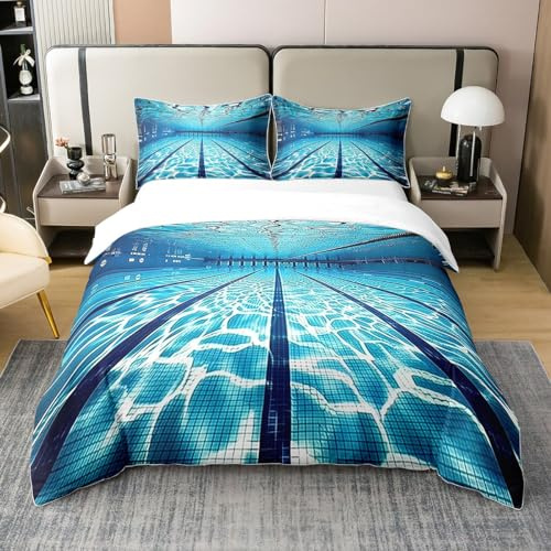 100% algodón natural natación deporte juego de cama 140 x 200 3D piscina impresión funda nórdica niños adolescentes ocio ocio tema verano refrescante ropa de cama cubrecama, cremallera