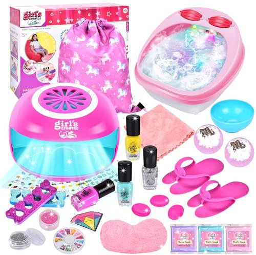 Herefun Kit Manucure Enfant Fille, Kit Vernis Enfant avec Sèche Ongles, Spa pour Les Ongles et Les Pieds, Maquillage Enfant Fille, Jouet Kit Autocollants Vernis Cadeau Noël 4 5 6 7 8 Ans