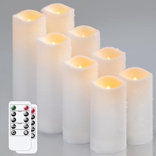 Yeelida Waterproof 8pcs Flameless 5.5cm x10 10 12.5 12.5 15 15 17.5 17.5cm LED Candles with 2 Remotes & Daily Timer, Battery Operated White Plastic Long Lasting Pillar Candles for Outdoor Use