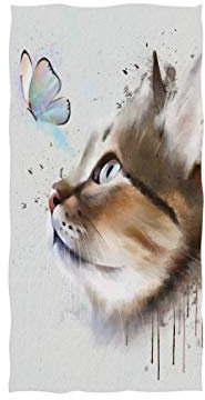 Strandtuch Aquarell Katze Und Schmetterling Farbe Spritzer Spray Auf Weiß Mikrofaser Handtücher Saugfähiges Schnell Trocknendes Pool Badetuch, Für Yoga, Strand, 80x130cm