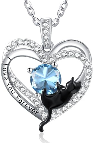 March Birthstone Aquamarine Jewellery Cat Necklaces for Women Sterling Silver Black Cat Heart Pendant Cute Animal Jewellery Gifts for Women