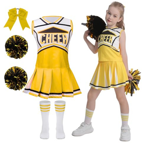 maxToonrain Cheerleader-Kostüm für Mädchen, klassischer Stil, Kinder-Cheerleader-Outfit mit Zugring, Pompons, Oberteil, Rock, Socken und Stirnband für 2026, Welttag des Buches, Halloween