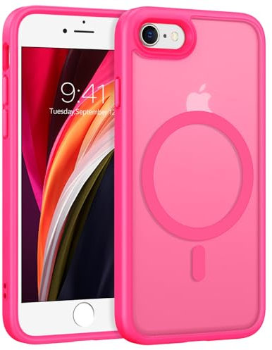 GUAGUA Strong Magnetic for iPhone SE Case 2020/2022, iPhone 8/7 Case 4.7-Inch [Compatible with MagSafe] [Military Grade Protection] Translucent Matte Back Shockproof Anti-Scratch Phone Cover, Hot Pink
