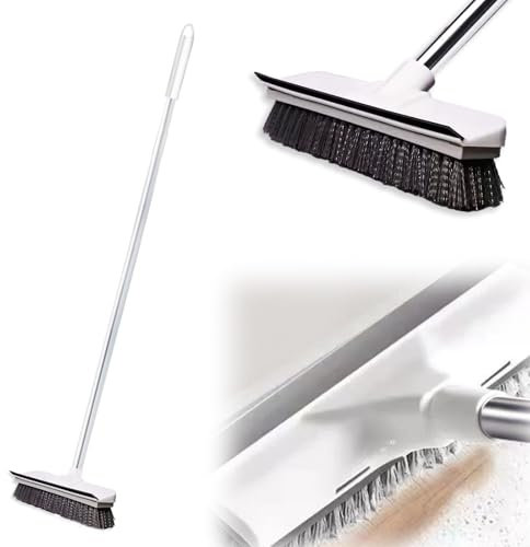 Floor Brush with Long Handle, Long Handle Scrub Brush, Heavy Duty Stiff Bristle Hard Brushs, Floor Squeegee for Tile or Wood Surfaces, White (110 cm)