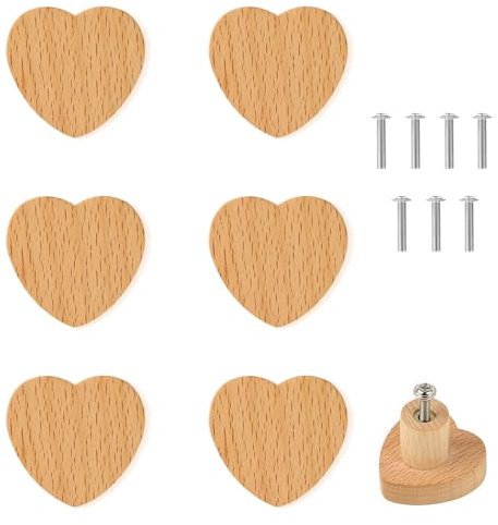 HIQE-FL Schubladengriffe,6 Stück Herzförmig Holzgriffe für Schränke,Möbelknöpfe,Knauf für Schränke,Schrankknöpfe Mit Schrauben,Möbelgriff aus Holz(L)