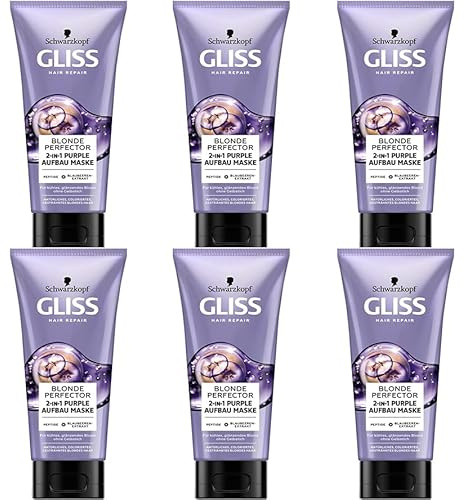 6x Gliss Blonde Perfector 2-in-1 Purple Aufbau Haarmaske Haarkur für natürliches, coloriertes & gesträhntes blondes Haar, mit Peptiden & Blaubeeren-Extrakt Tiefenreparatur, 200ml (6er Pack)