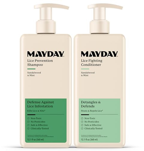 MAYDAY Daily Lice Routine Bundle – 12oz Shampoo & 12oz Conditioner | Non-Toxic, Pesticide-Free, Scientifically Proven Lice Defense for All Hair Types | Sandalwood & Mint Formula