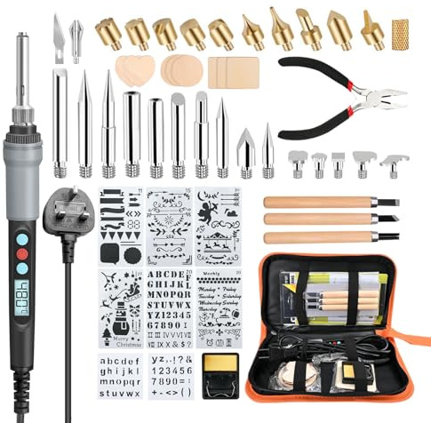 HANDSKIT 51-Piece Wood Burning Kit, 90W LCD Pyrography Pen & Soldering Iron | Adjustable 180–480°C Wood Burning Pen with 28 Interchangeable Tips, 8 Stencils & Wood Pieces for Beginners and DIY Woodcraft