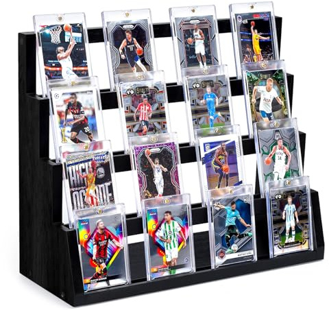 Emfogoo Sammelkarten Display, 4 Etagen Holz Sammelkarten Ständer, Baseballkarten Kartenständer mit Kartenhalter und Einstellbaren Fächern für Sportkarten Sammeln und Ausstellen (Schwarz)