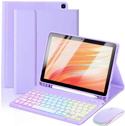 EAMPANG Tablet Case with Keyboard Mouse for Amazon Kindle Fire HD 10&10 Plus 11/13th Gen 10.1 inch,7 Color Rainbow Backlit Detachable Keyboard Magnetic Cover with Pen Slot HD 10 2021&2023 Purple