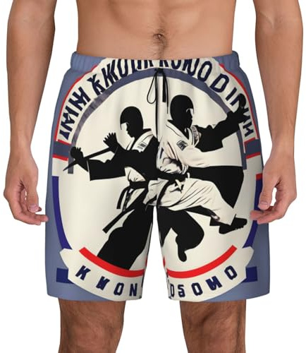 SDEGTHO Taekwondo Design - Traje de baño de poliéster doble para hombre, con forro de compresión y bolsillo de parche., Negro, Large Short