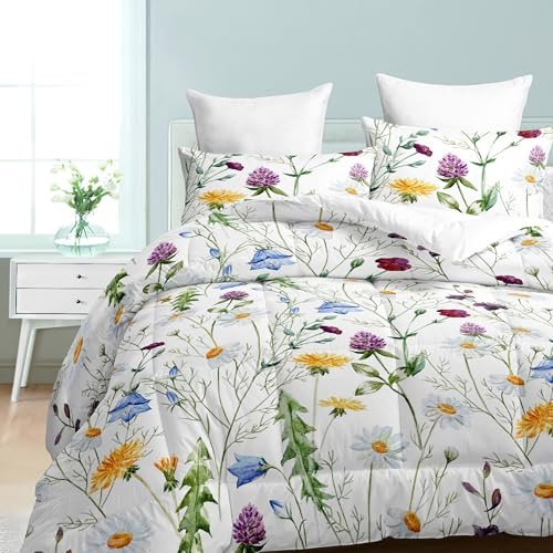 Dozrmey Bettdecke 200x200cm Ganzjahresdecke 4 Jahreszeiten, Bunter Blumendruck Steppdecke 300gsm Mikrofaser 200x200 cm, Super Weiche Zudecke Schlafdecke Atmungsaktive