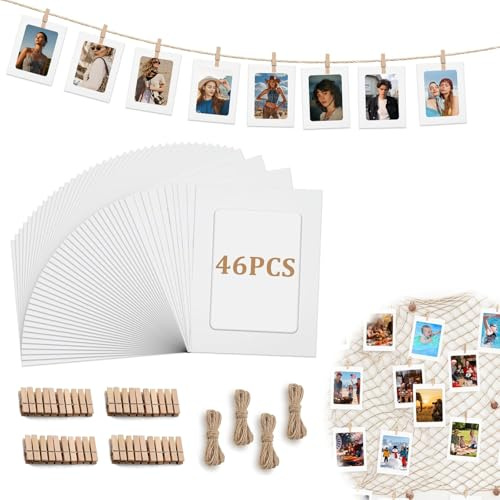 46 Stück Fotogirlande Weiß Set -10x15cm Foto Girlande Fotowand, Fotogirlande mit Klammern mit 40 Holzklammen und 4 Seilen hängen,Wanddekoration Foto Box, Geburtstag / Hochzeitsfeier / Dekoration Foto