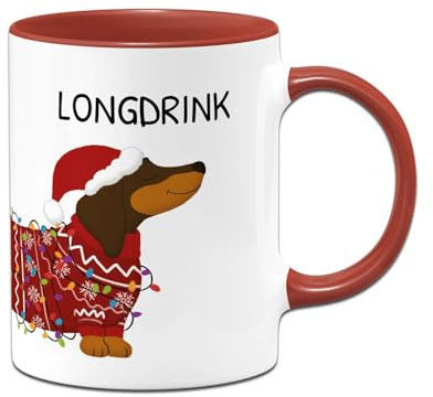 Dackel Tasse Longdrink - Weihnachtstasse für Dackelliebhaber, Dackelbesitzer - Dackeltasse mit Dackelmotiv als Geschenk für Frauen und Männer - Dachshund Liebhaber (Rot)