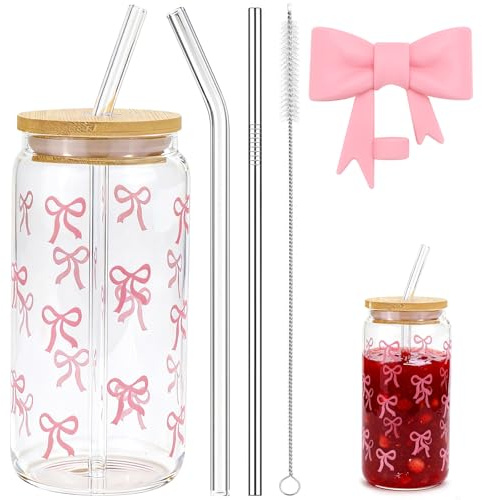 UGBO Gobelet en Verre avec Couvercle et Paille Verre Matcha 16 oz Bow Verre à Boire Tasses à Café Glacé Tasse en Verre Cadeau Femme Anniversaire Noël