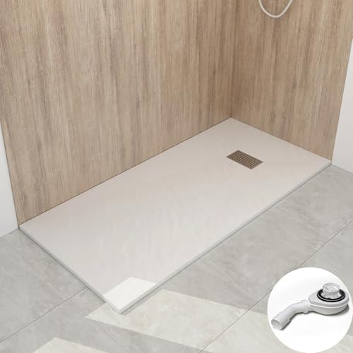 WITEN&NOCK SMC Duschwanne 160x70cm Weiß Steinoptik Antirutsch Ablauf Ø90mm | Höhe 3,2 cm Niedrige Schwelle Extraflach Duschtasse bruchfest&zuschneidbar inkl. Edelstahlabdeckung für Dusche Duschkabine