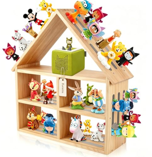 Premium Tonie Regal Kinderzimmer Hausform für bis zu 60-90 Tonie| 2 Stock Große Tonies Aufbewahrung Magnetisches aus Kiefer, Kompatibel mit Toniesbox 2/1| Tonie Organizer Wandregal für Mädchen& Jungen