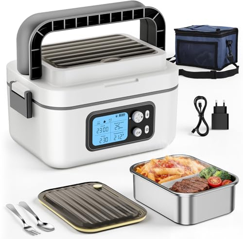 Scaldavivande Elettrico Portatile, 1,5L Porta Pranzo Riscaldabile con Display LCD e Timer, Scalda Vivande Portatile Elettrico con Stoviglie in Acciaio Inossidabile e Borsa Termica per Auto Ufficio