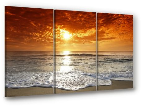 Visario Leinwandbild 3-teilig XXL 150x90 cm 1038 - Sonnenuntergang am Meer - Wellen im glühenden Abendlicht - Wandbild-Set je 50x90 cm fertig aufgespannt auf Holzrahmen
