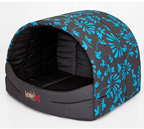 millybo Hundehütte Hundehöhle Hundebett Hundehaus S-XL (R2 (50 x 38 cm), grau mit Muster (Blaue Blumen))