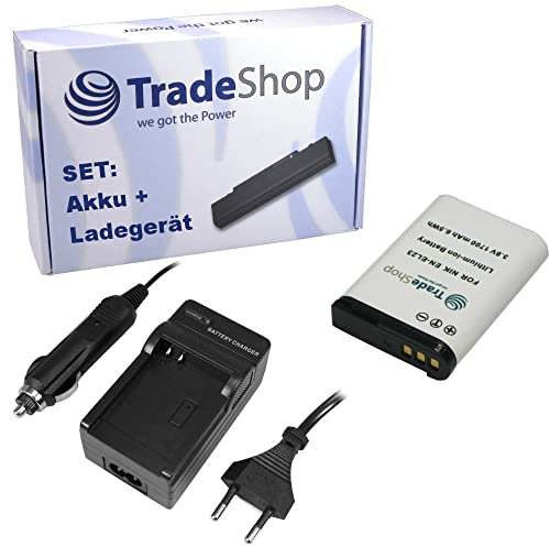 Trade-Shop Batterie Li-Ion 1700 mAh remplace Nikon, ENEL23, avec chargeur et câble allume-cigare pour Nikon, Coolpix B700, P900, S810c, P610, P600, P610S, P900S