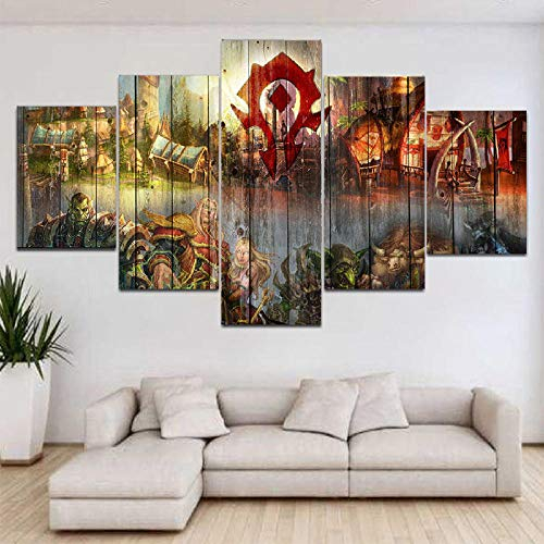 VENDISART,Leinwanddrucke,Modulare Wandkunst Wandaufkleber,5 Teiliges Wandbild,World of Warcrafts-Poster,Mit Rahmen,Größe:M/B=150Cm,H=80Cm