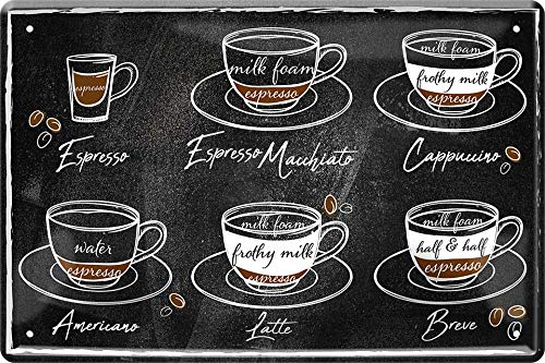 schilderkreis24 Lustiger Küchen Spruch: “Espresso, Espresso Macchiato, Cappuccino, Americano, Latte” – Deko Schild für Küche oder Kaffee Fans Geschenkidee 20x30 cm