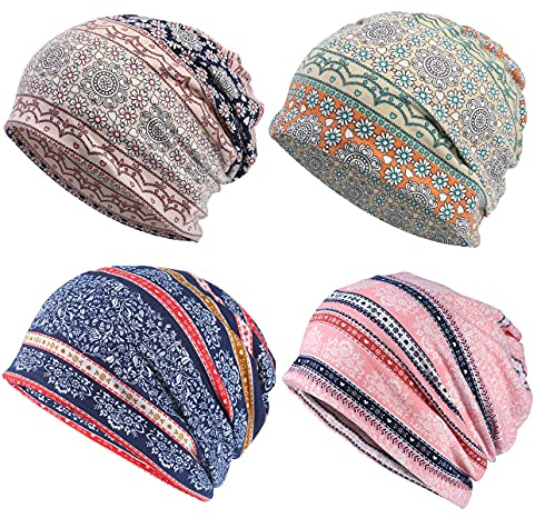 Qunson Damen Baggy Slouchy Beanie Chemo Mütze Cap Schal, 4 Stück, mehrfarbig, C, Einheitsgröße