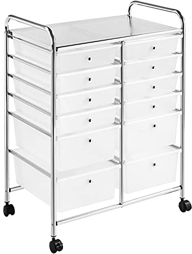 Yaheetech Chariot de Rangement Desserte à Roulettes 63 x 38.5 x 82cm Blanc | Tour de Rangement Solide et robuste, avec 12 Tiroirs en Plastique Transparent, pour Salle de Bain, Bureau, Cuisine