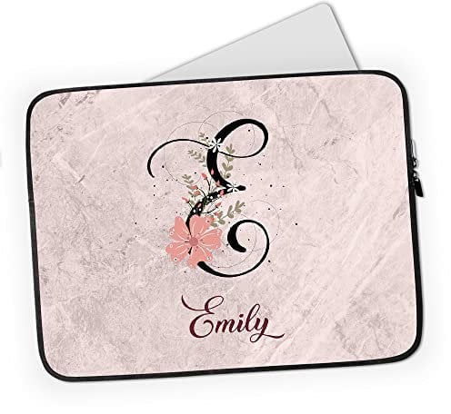 Personalised Laptop Case Sleeve - Ladies - Marble Effect - Floral - Add Name/Initial - Tablet or iPad Bag - Gift (9-10 inch)