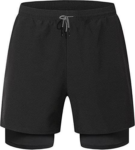 HOPLYNN Mens Running 2 in 1 Sports Shorts Breathable Outdoor Workout Training Shorts with Pockets Black M