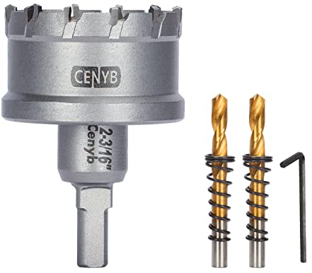 CENYB scie cloche metal 2-3/16 (56mm) à pointe en carbure de tungstène, avec 2 forets pilotes titanées - Idéale pour métaux durs, acier inoxydable, fer, alliage d'aluminium, bois et plastique